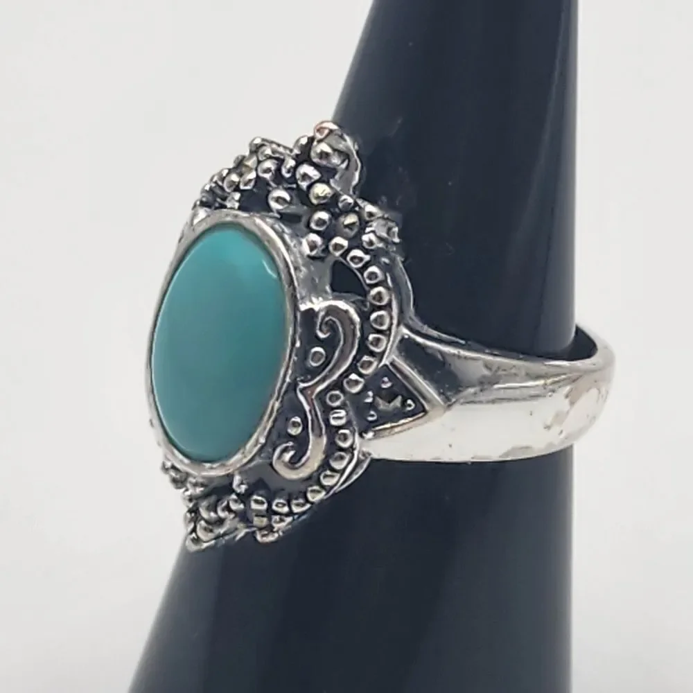 Marsala Silver Tone Turquoise Enamel & Marcasite Ring (6.75)